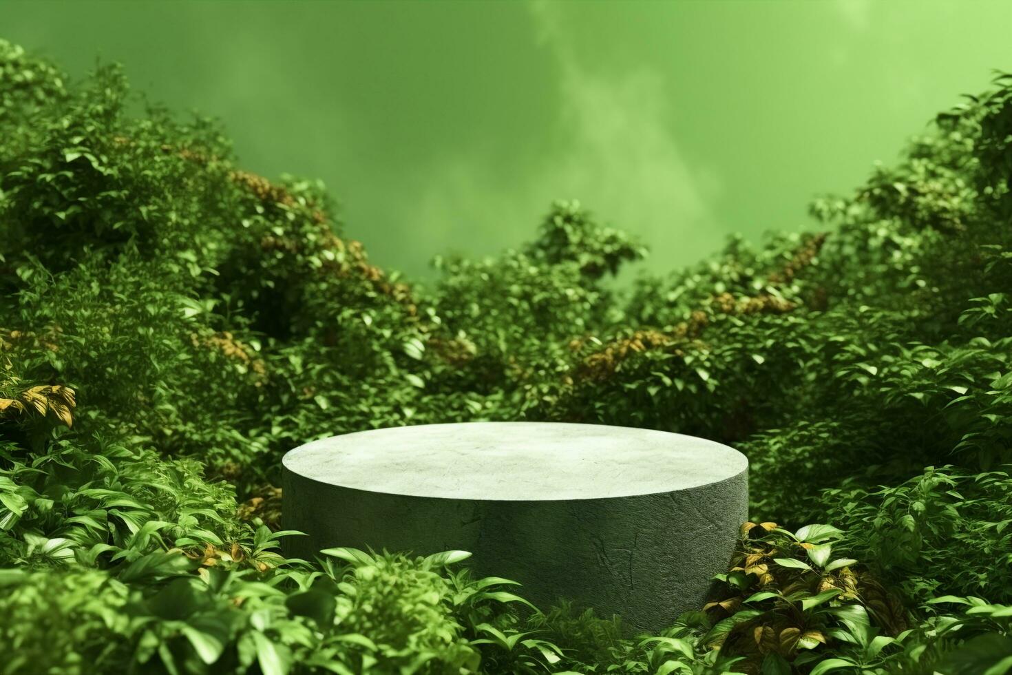 AI generated 3d render platform and Natural podium background on tropical forest for product display, Blank showcase, mock up template or cosmetic presentation with empty round stage. generative ai. photo