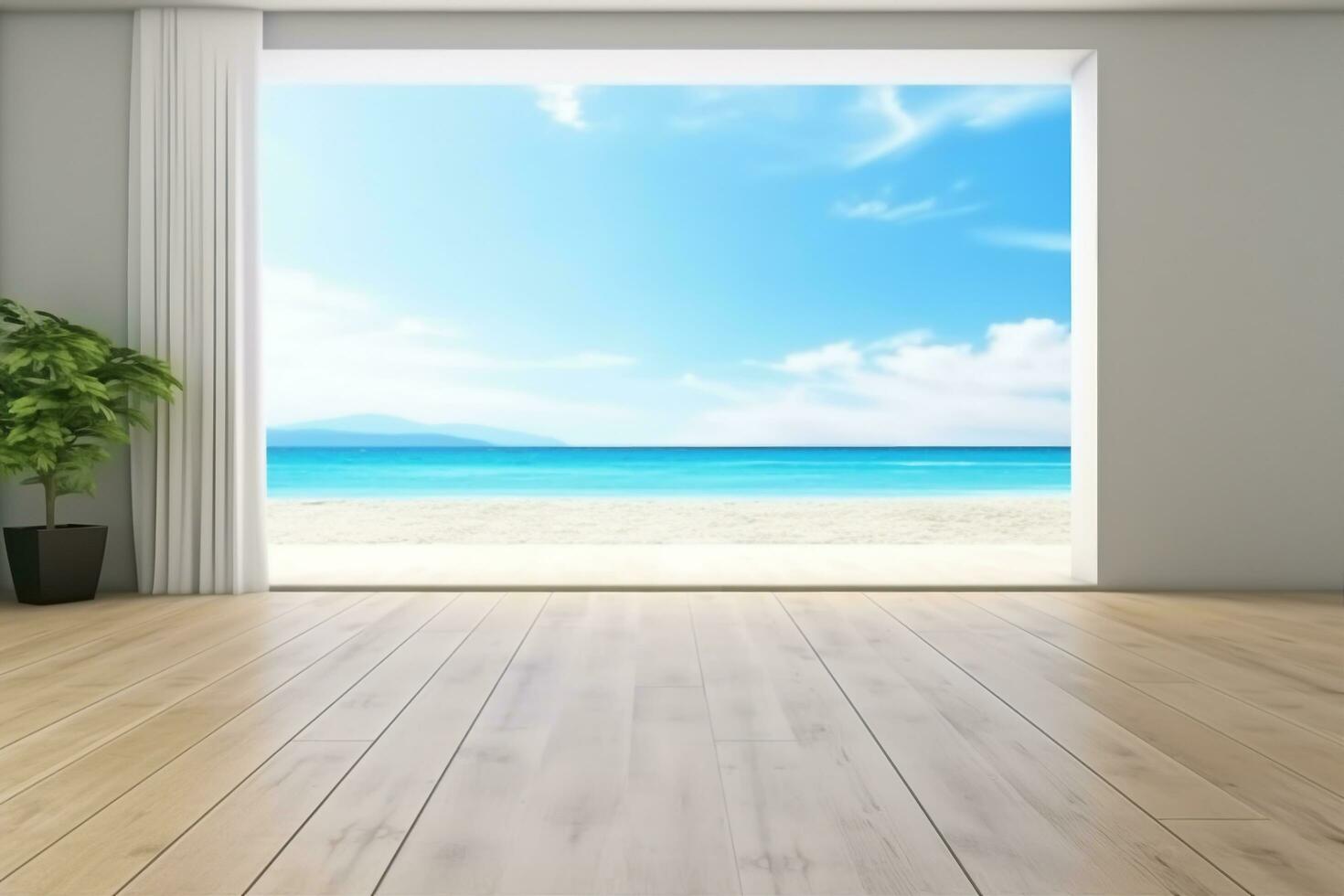 AI generated Sea view large living room of luxury summer beach house with empty wooden floor. Interior 3d illustration in vacation home or holiday villa. generativer ai. photo