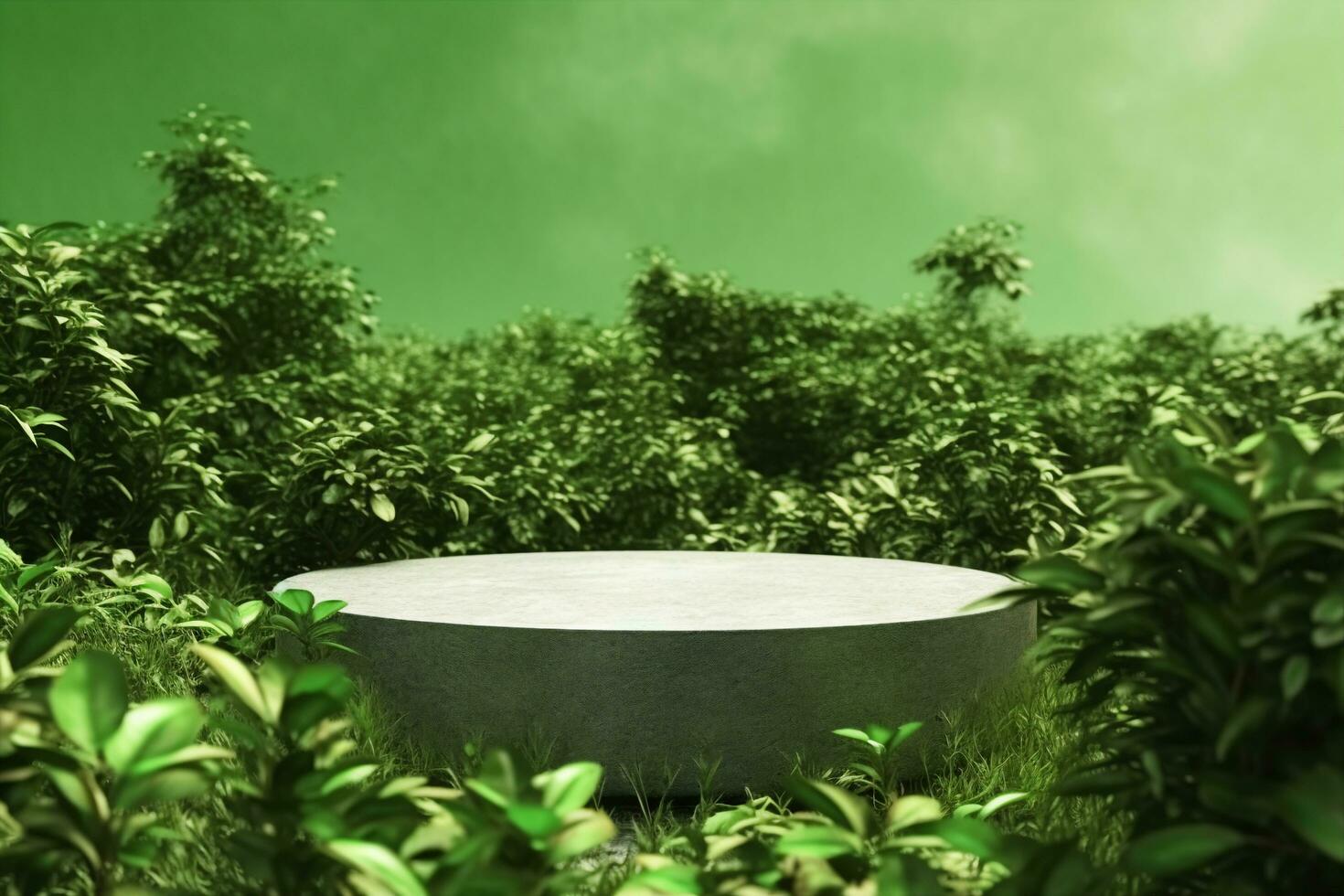 AI generated 3d render platform and Natural podium background on tropical forest for product display, Blank showcase, mock up template or cosmetic presentation with empty round stage. generative ai. photo