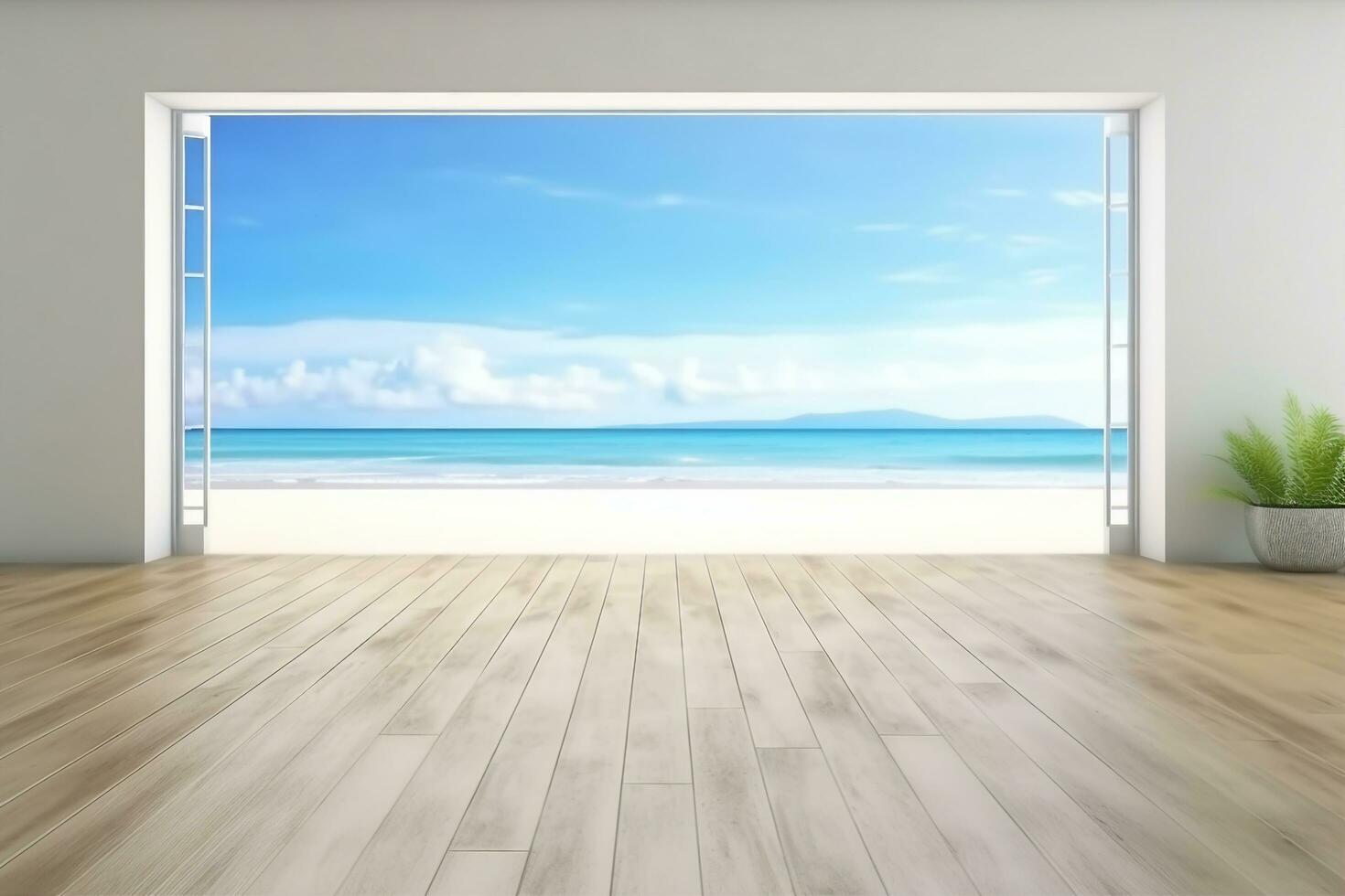 ai generado mar ver grande vivo habitación de lujo verano playa casa con vacío de madera piso. interior 3d ilustración en vacaciones hogar o fiesta villa. generativo ai. foto