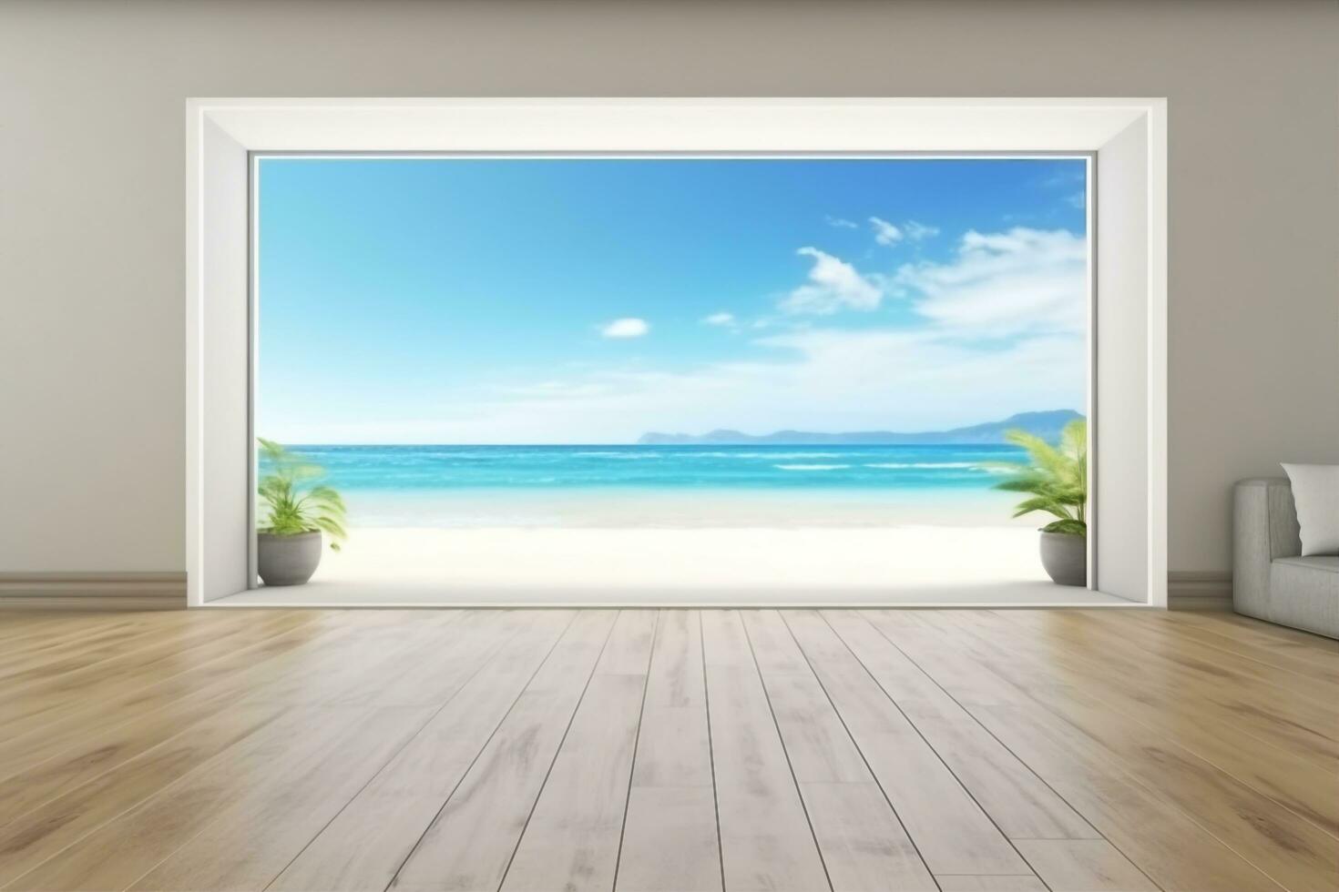AI generated Sea view large living room of luxury summer beach house with empty wooden floor. Interior 3d illustration in vacation home or holiday villa. generativer ai. photo