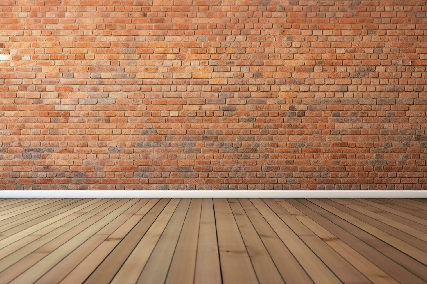 AI generated empty room with red brick wall and wooden floor. generative ai. photo
