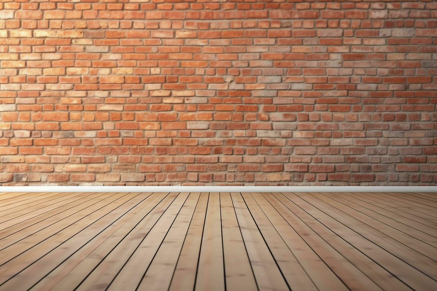 AI generated empty room with red brick wall and wooden floor. generative ai. photo