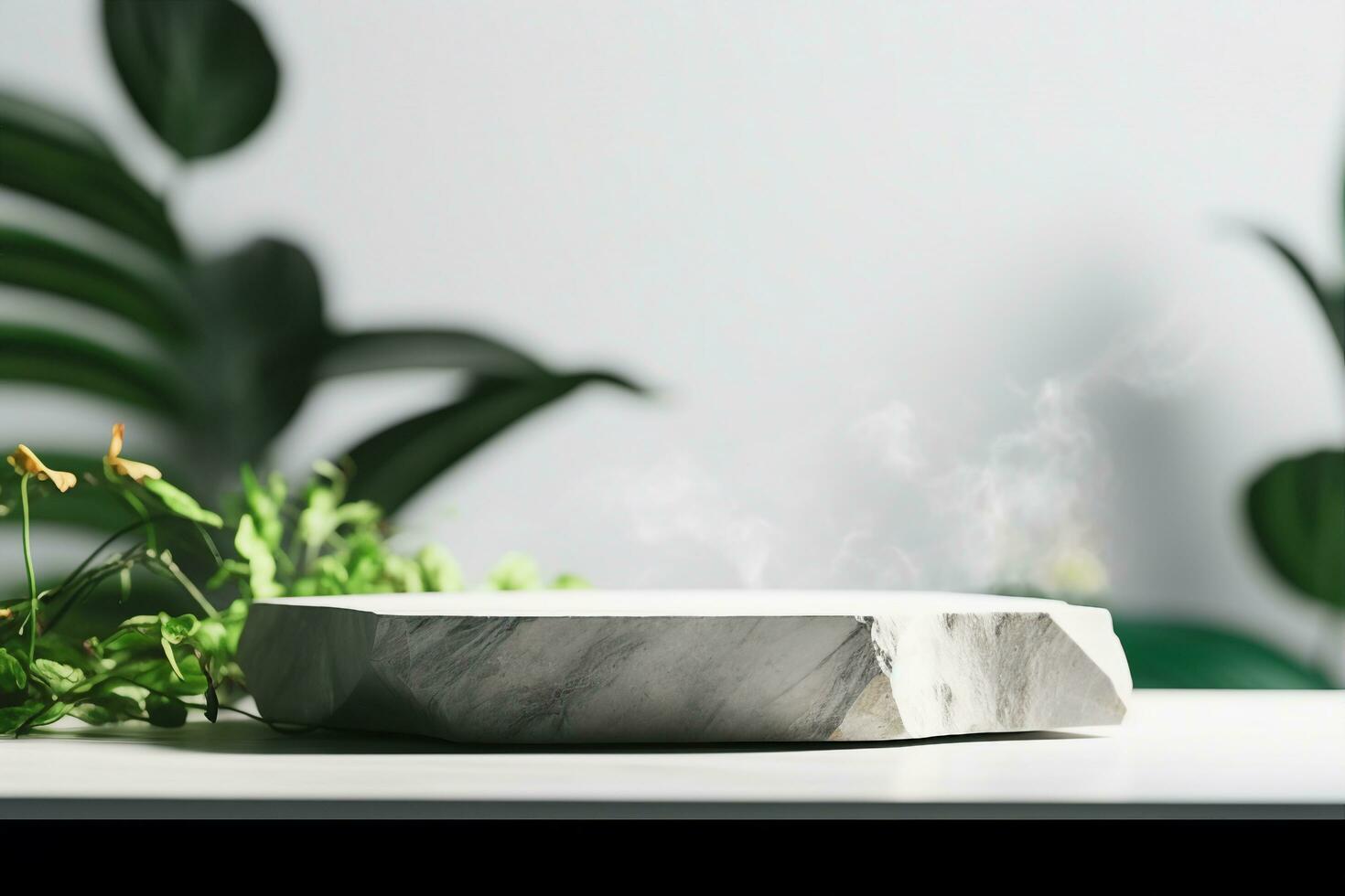 AI generated Stone product display podium with blurred nature leaves background. 3D rendering. generative ai. photo
