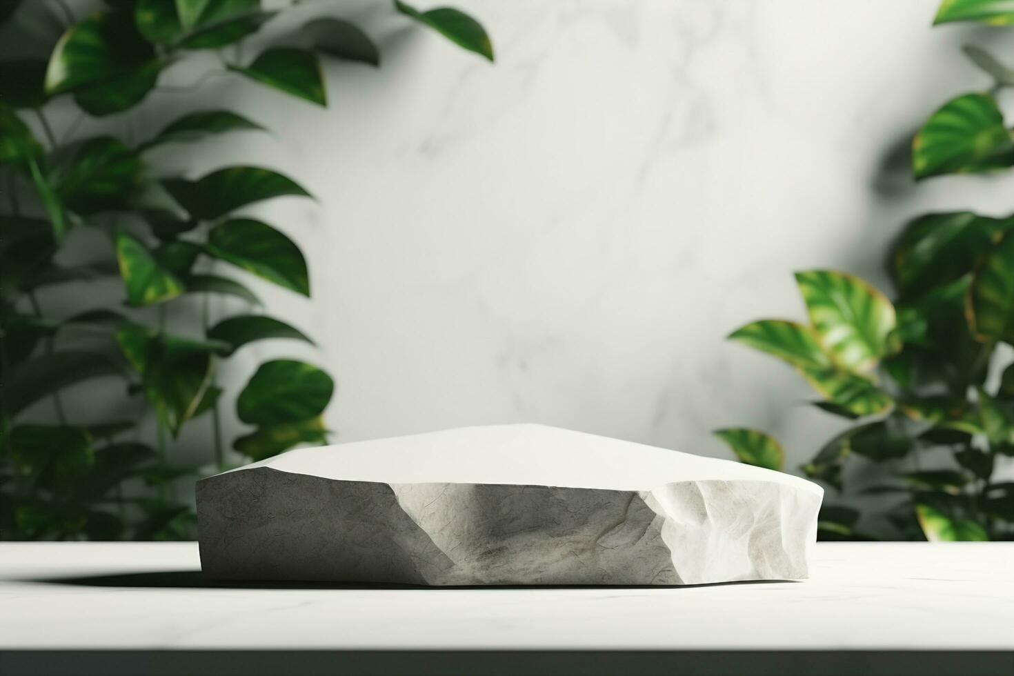 AI generated Stone product display podium with blurred nature leaves background. 3D rendering. generative ai. photo