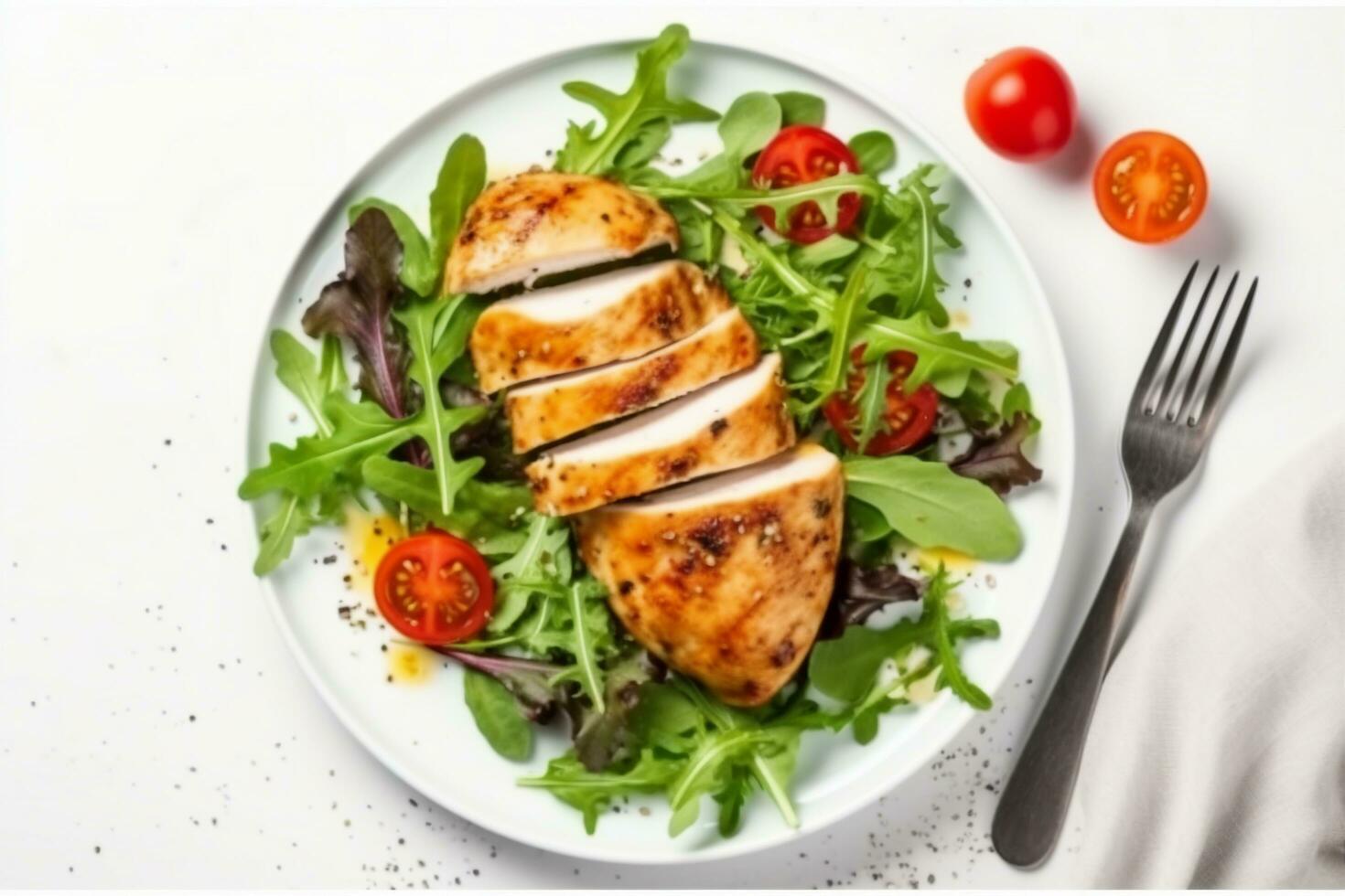 AI generated Chicken fillet with salad. Healthy food, keto diet, diet lunch concept. Top view on white background.generative ai. photo