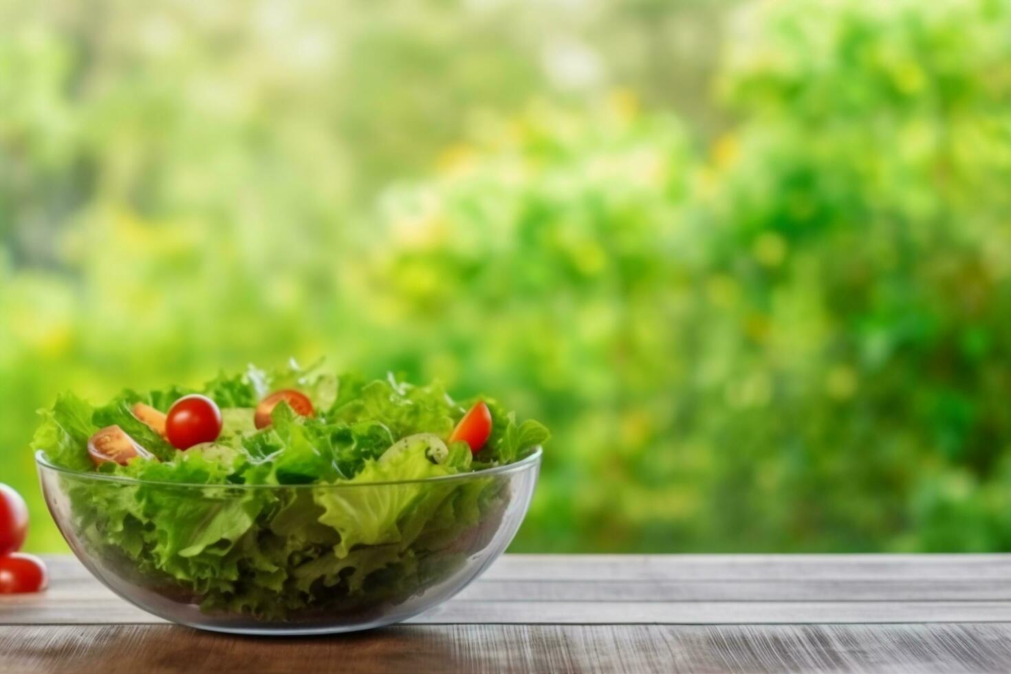 AI generated Full bowl of fresh salad on a wooden table against the background blur green leaves bokeh. generative ai. photo