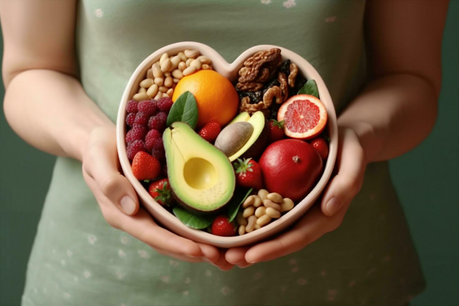 AI generated Woman holding bowl with products for heart healthy diet, closeup. generative ai. photo
