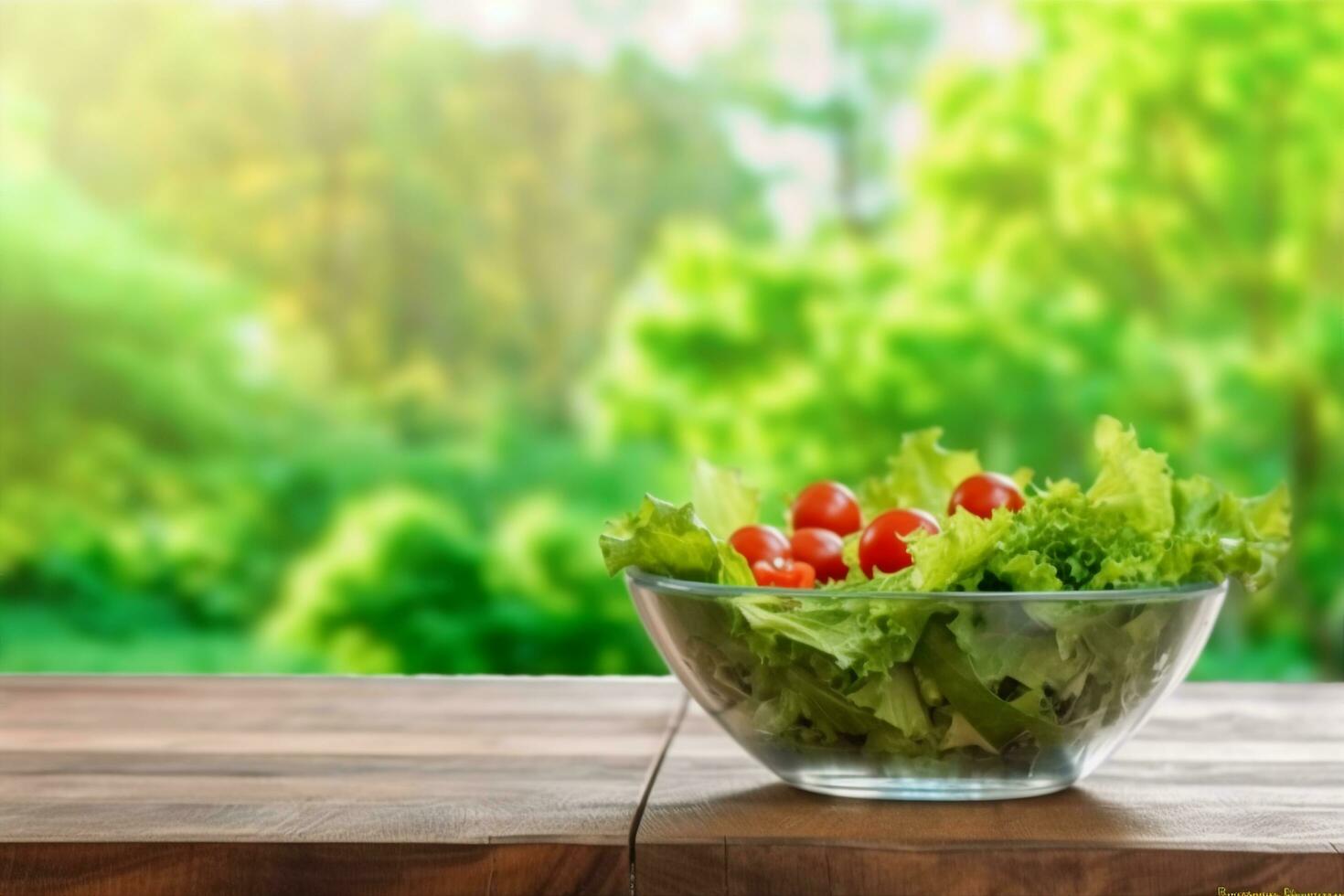 AI generated Full bowl of fresh salad on a wooden table against the background blur green leaves bokeh. generative ai. photo