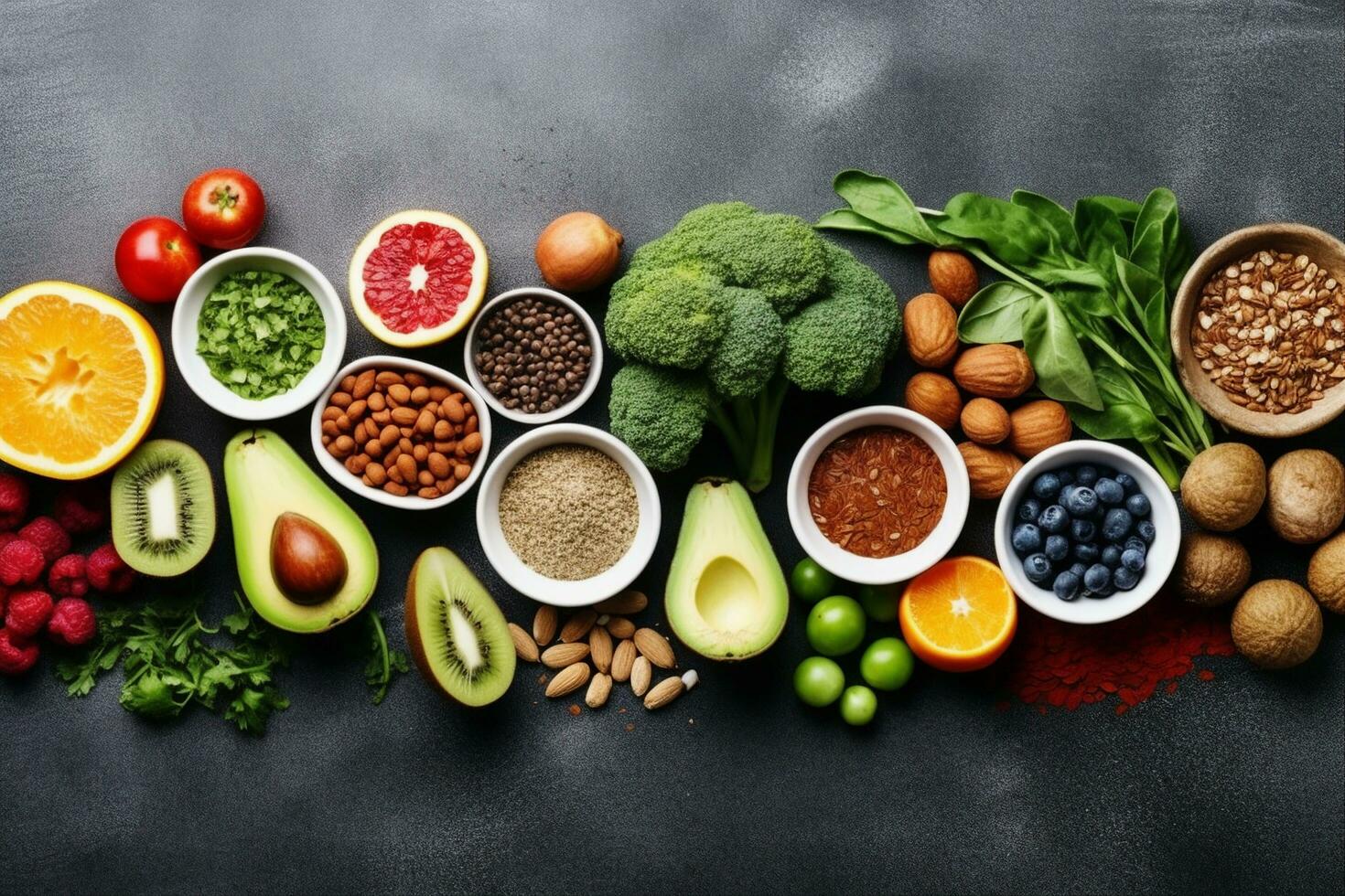 Healthy food clean eating selection fruit, vegetable, seeds, superfood, cereal, leaf vegetable on gray concrete photo