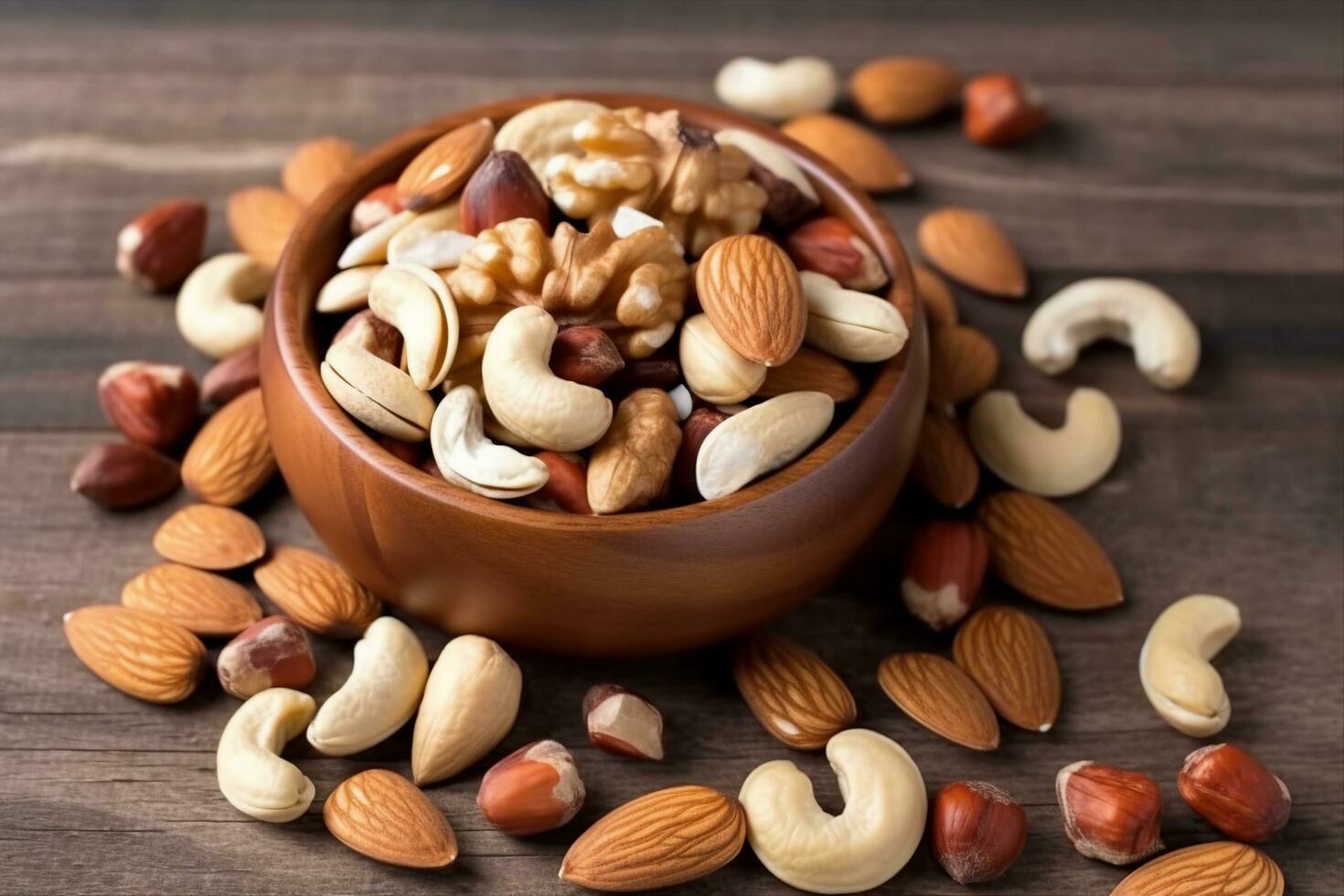 AI generated Healthy mix nuts on wooden background. Almonds, hazelnuts, cashews, peanuts, brazilian nuts. generative ai. photo