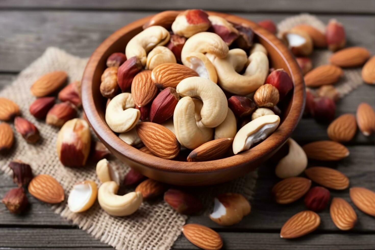 AI generated Healthy mix nuts on wooden background. Almonds, hazelnuts, cashews, peanuts, brazilian nuts. generative ai. photo