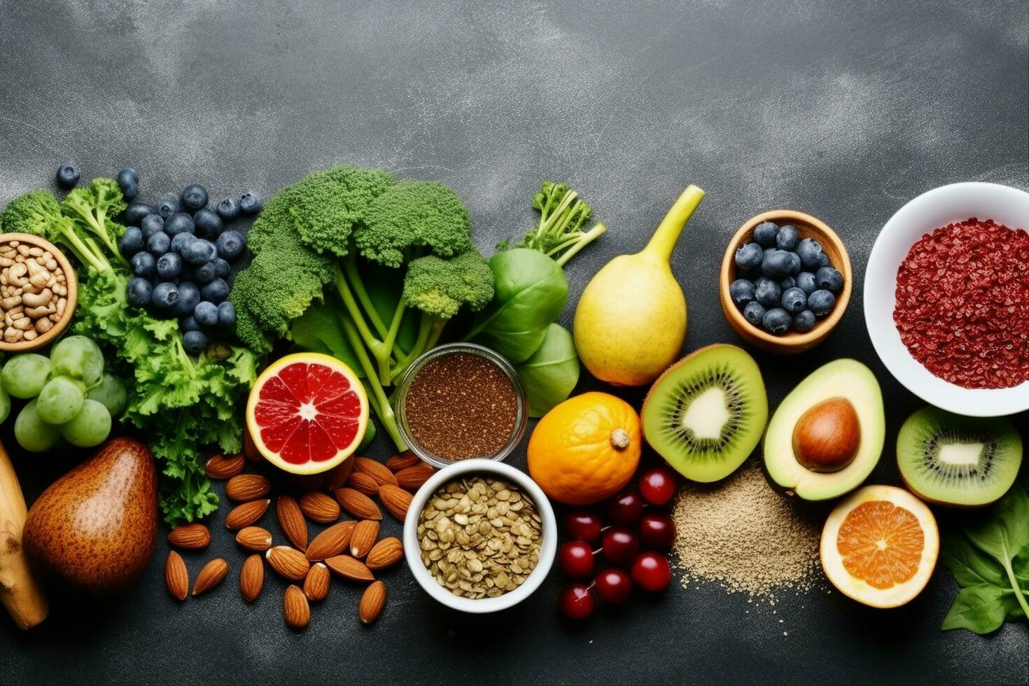 Healthy food clean eating selection fruit, vegetable, seeds, superfood, cereal, leaf vegetable on gray concrete photo