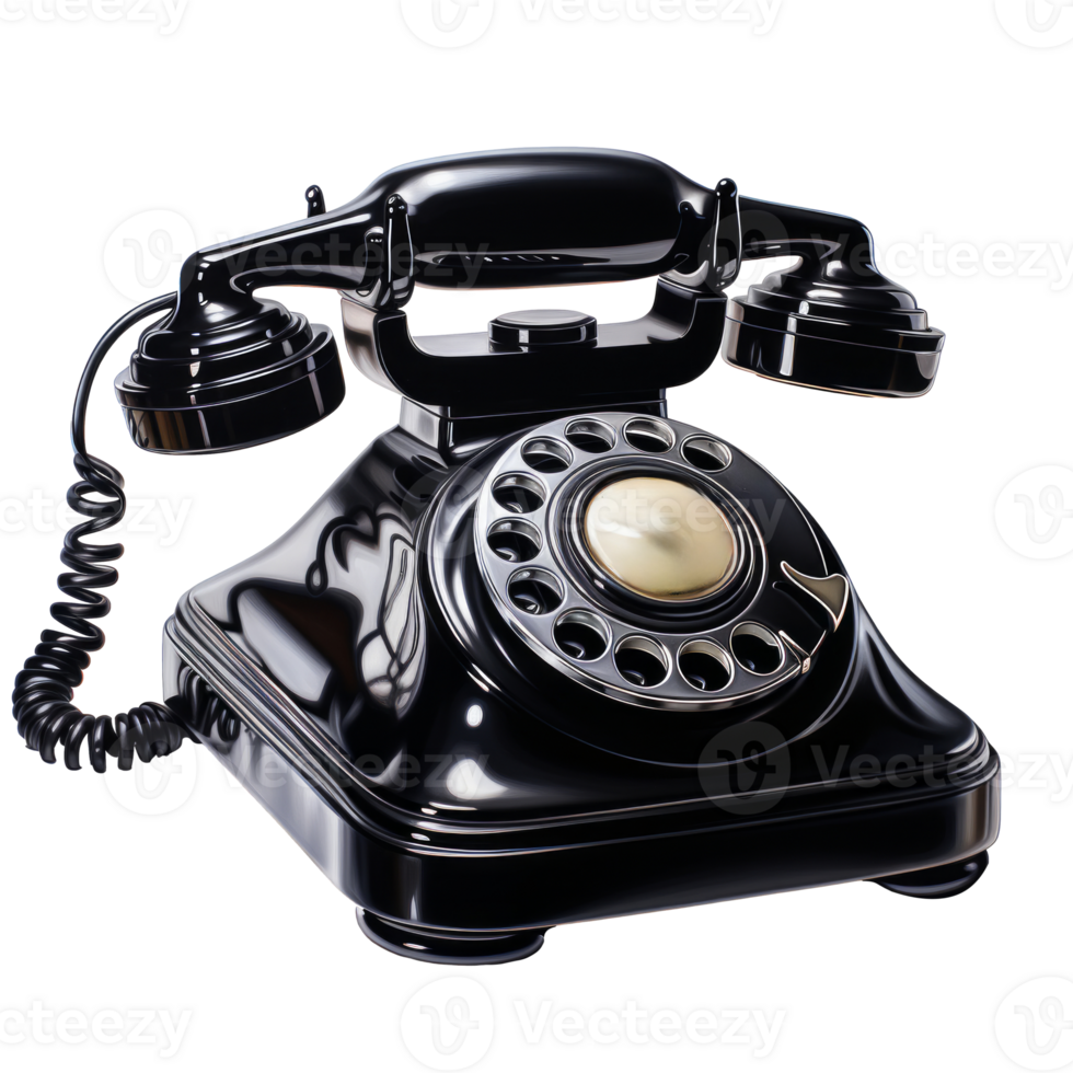 AI generated Black vintage telephone with a cord on transparent background created with generative AI technology png