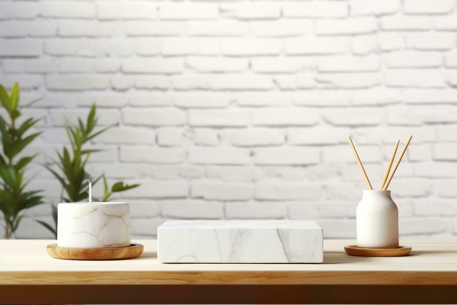 AI generated Empty marble podium on bathroom table before white brick wall. generative ai. photo