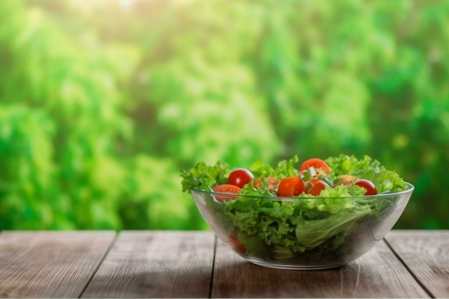 AI generated Full bowl of fresh salad on a wooden table against the background blur green leaves bokeh. generative ai. photo