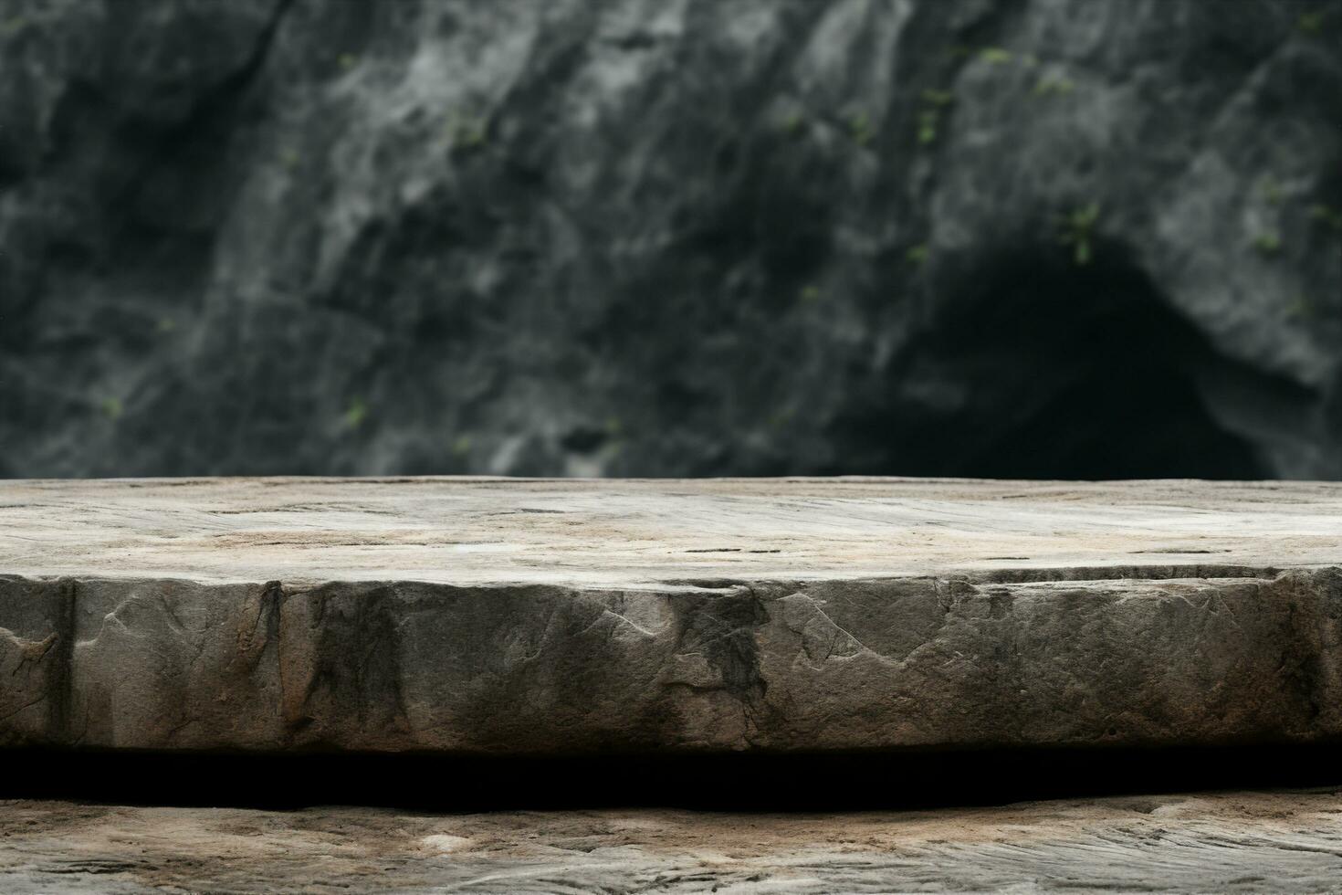 AI generated A Concrete Moulding, Showing a Very Old Semi Circle Base with Imprints and Grit to the Surface, For a Product Display with a Natural Stone Blurred Foreground and Background.generative ai. photo