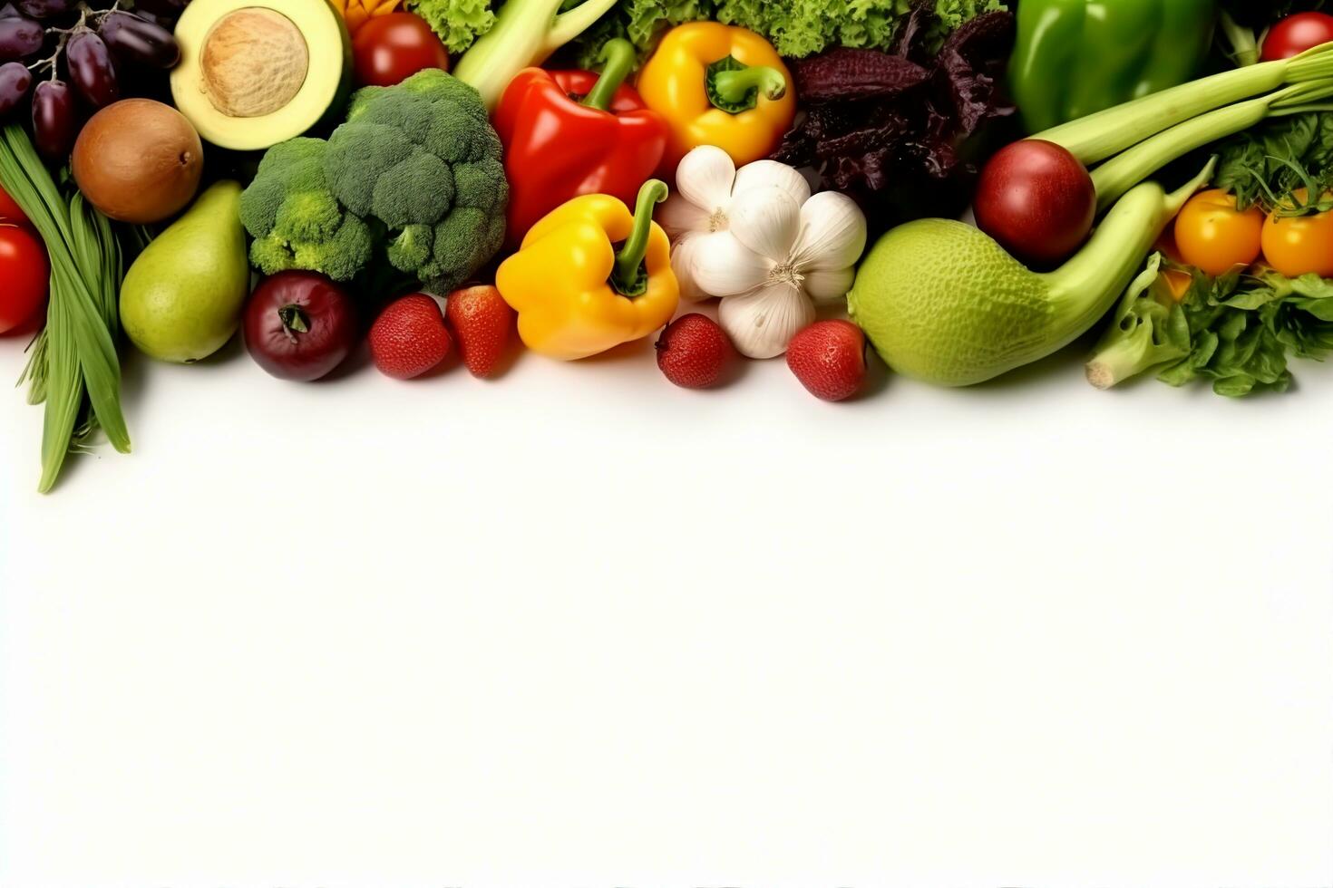 AI generated Healthy food background studio photography of different fruits and vegetables isolated on white background. Close up. Copy space. generative ai. photo