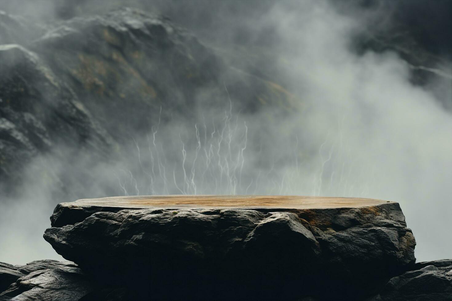 AI generated Rock Top for a Product Display, Showing Middle Close Focus to the Stone Surface on an Artistic Cloudy Foreground and Background with a Bokeh Balls Sky.generative ai. photo