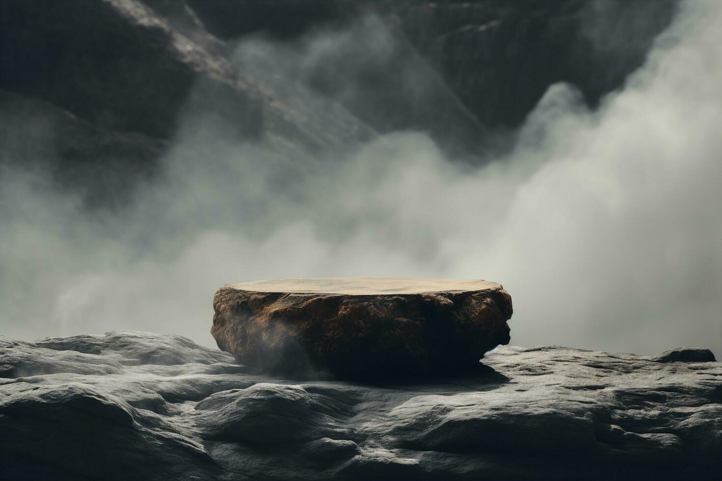 AI generated Rock Top for a Product Display, Showing Middle Close Focus to the Stone Surface on an Artistic Cloudy Foreground and Background with a Bokeh Balls Sky.generative ai. photo