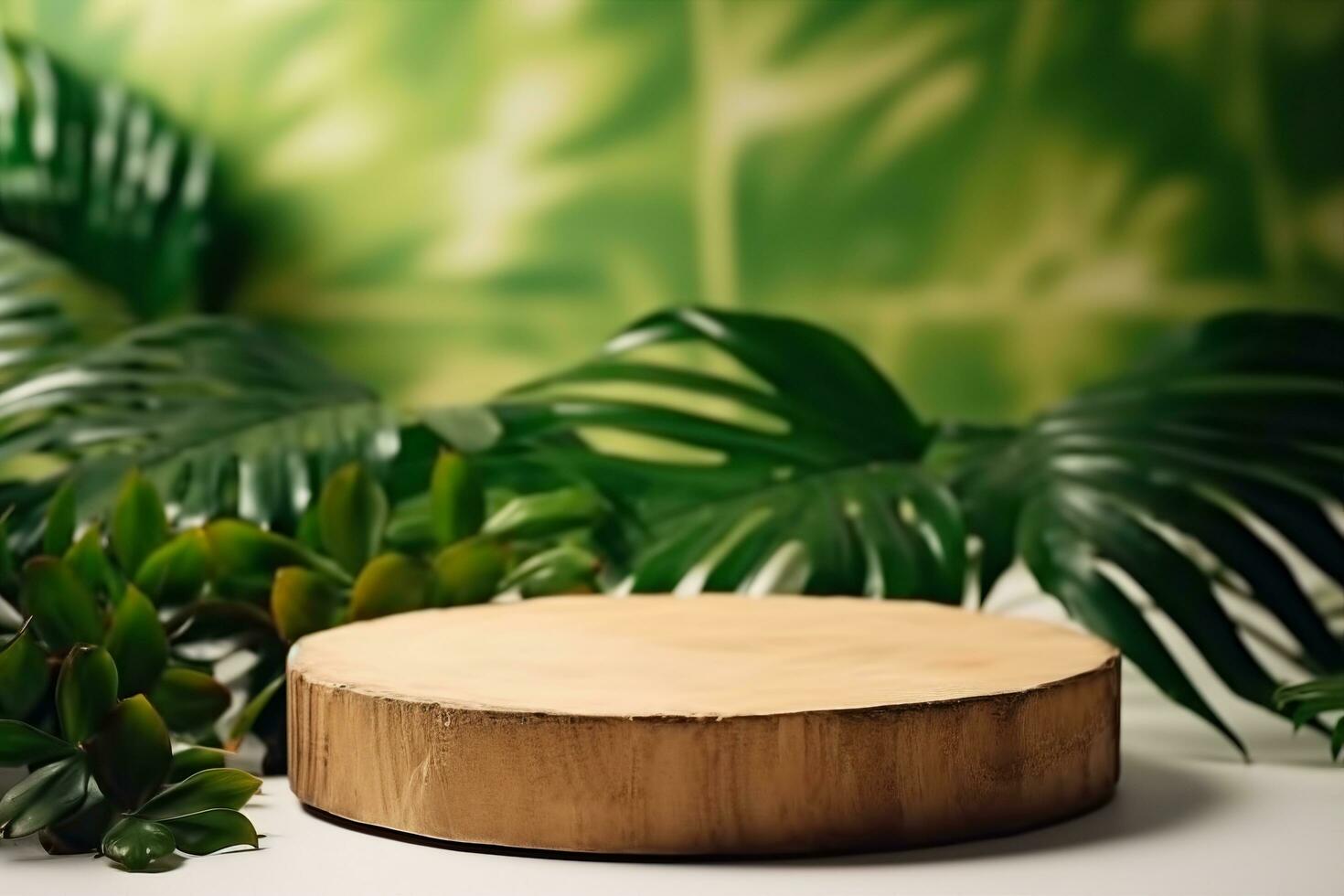 AI generated Cosmetics product advertising stand. Exhibition wooden podium on green background with palm leaves and shadows. Empty pedestal to display product packaging. Mockup. generative ai. photo