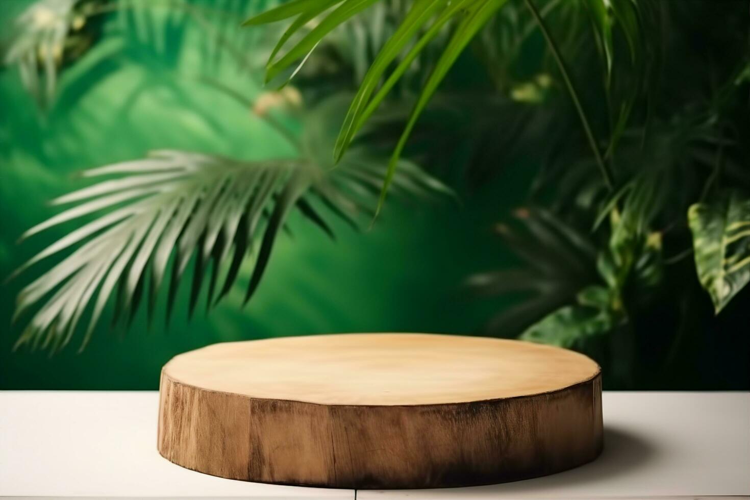 AI generated Cosmetics product advertising stand. Exhibition wooden podium on green background with palm leaves and shadows. Empty pedestal to display product packaging. Mockup. generative ai. photo