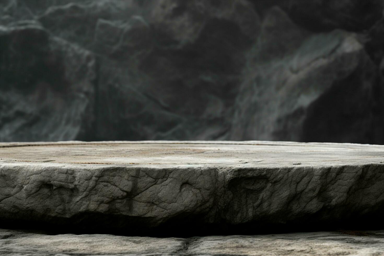 AI generated A Concrete Moulding, Showing a Very Old Semi Circle Base with Imprints and Grit to the Surface, For a Product Display with a Natural Stone Blurred Foreground and Background.generative ai. photo