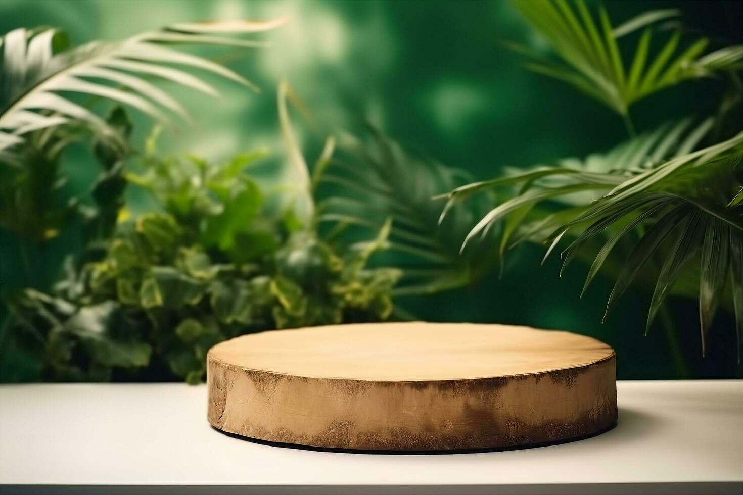 AI generated Cosmetics product advertising stand. Exhibition wooden podium on green background with palm leaves and shadows. Empty pedestal to display product packaging. Mockup. generative ai. photo