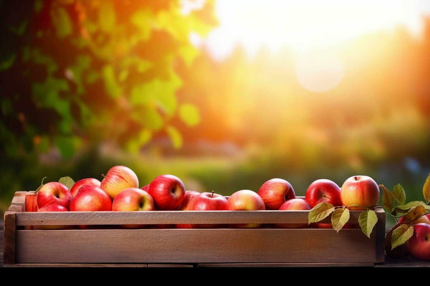 AI generated Apples In Wooden Crate On Table At Sunset. Autumn And Harvest Concept. generative ai. photo