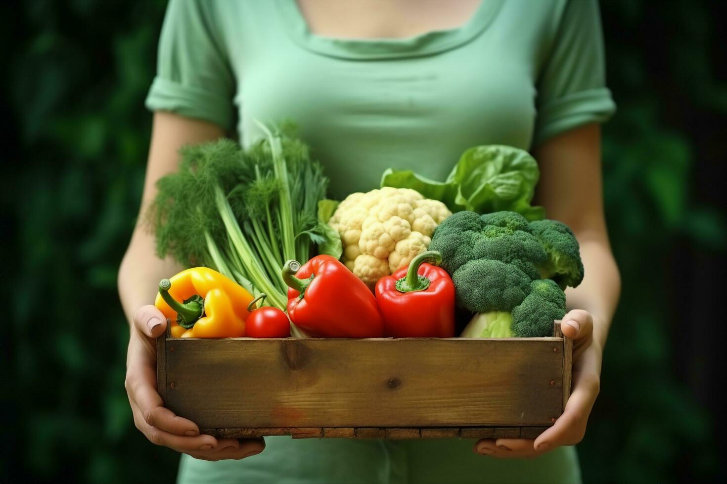 AI generated Woman wearing gloves with fresh vegetables in the box in her hands. Close up. generative ai. photo