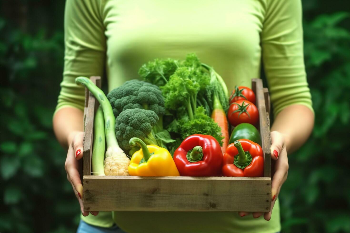 AI generated Woman wearing gloves with fresh vegetables in the box in her hands. Close up. generative ai. photo