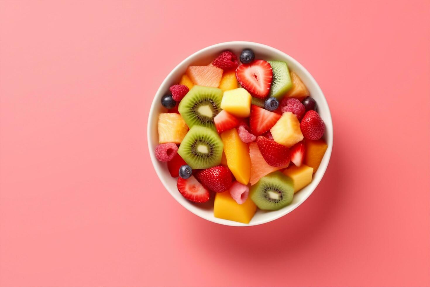 AI generated Bowl of healthy fresh fruit salad on pink background, top view. generative ai. photo