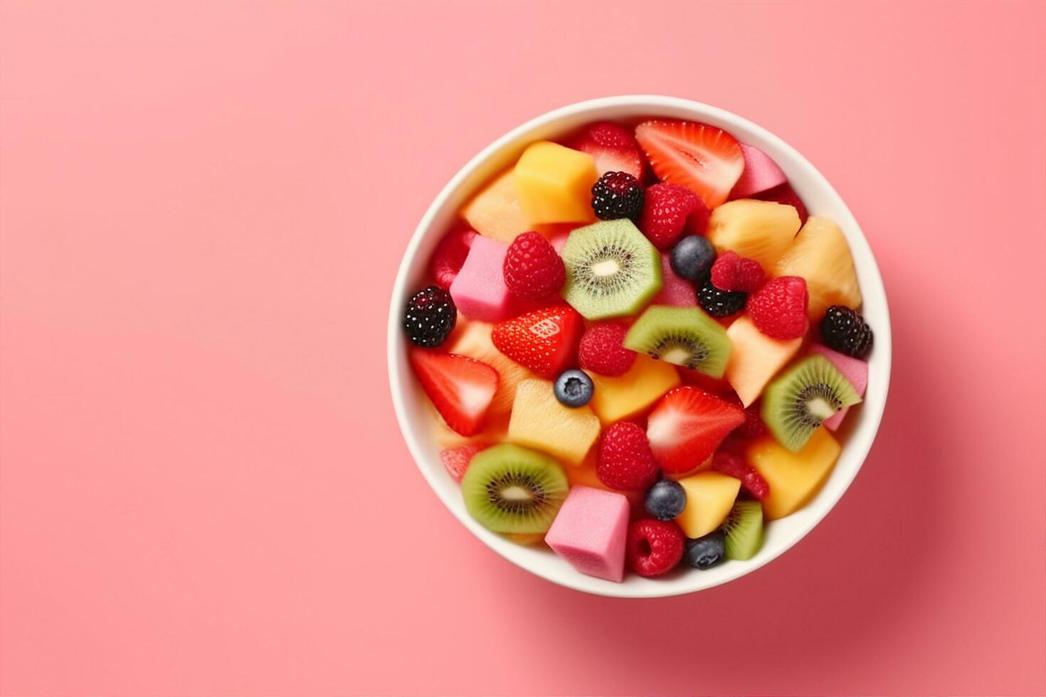 AI generated Bowl of healthy fresh fruit salad on pink background, top view. generative ai. photo