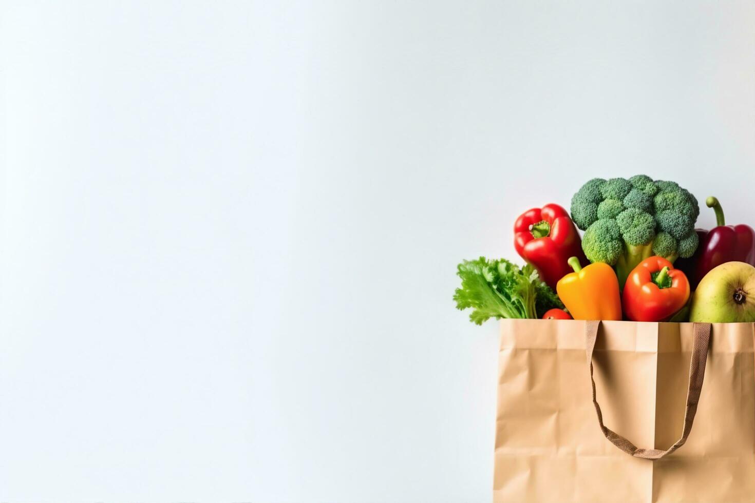AI generated Delivery healthy food background. Vegan vegetarian food in paper bag vegetables and fruits on white, copy space, banner.Grocery shopping food supermarket and clean vegan eating concept. photo