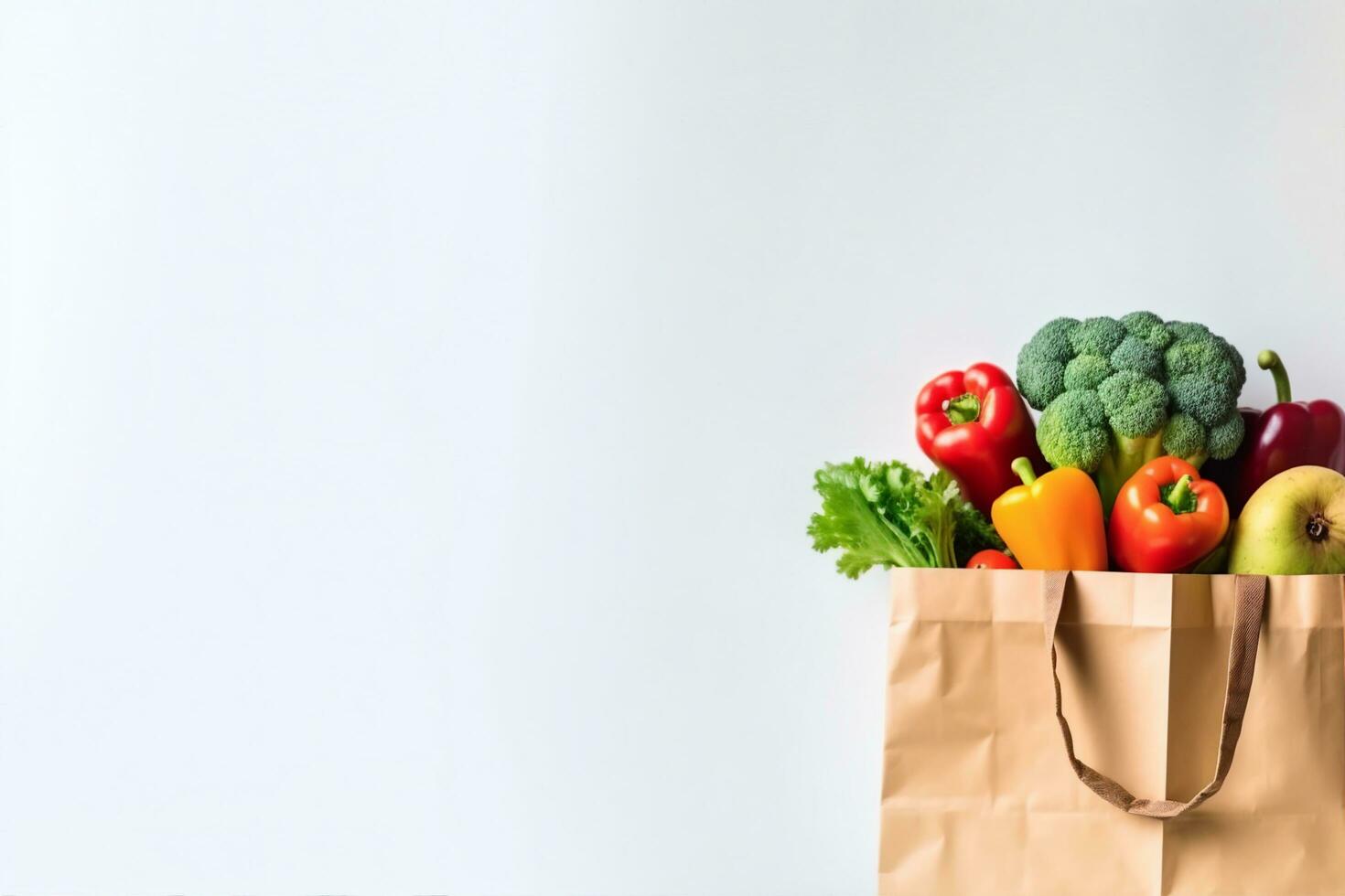 ai generado entrega sano comida antecedentes. vegano vegetariano comida en papel bolso vegetales y frutas en blanco, Copiar espacio, banner.comestibles compras comida supermercado y limpiar vegano comiendo concepto. foto