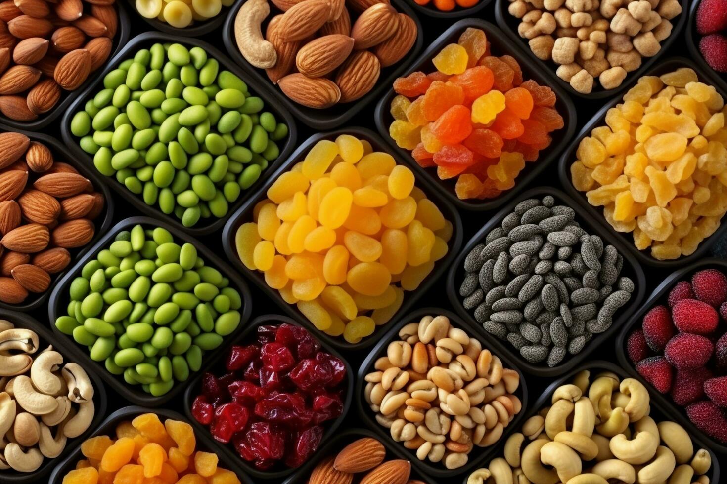 AI generated colorful dried fruits, assorted nuts and seeds background. mixed raw food for snacking, top view. generative ai. photo