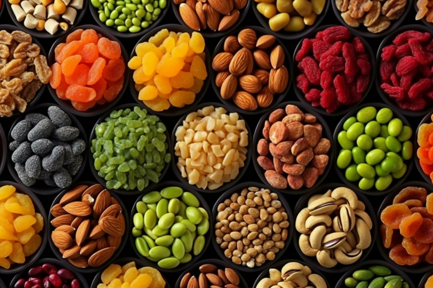 AI generated colorful dried fruits, assorted nuts and seeds background. mixed raw food for snacking, top view. generative ai. photo