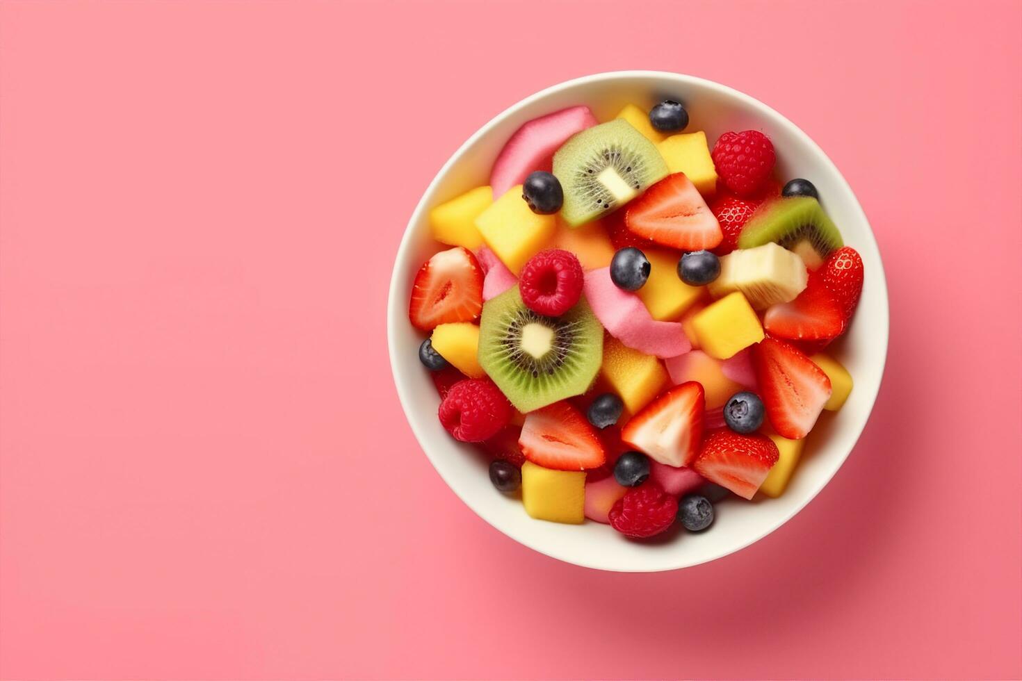 AI generated Bowl of healthy fresh fruit salad on pink background, top view. generative ai. photo