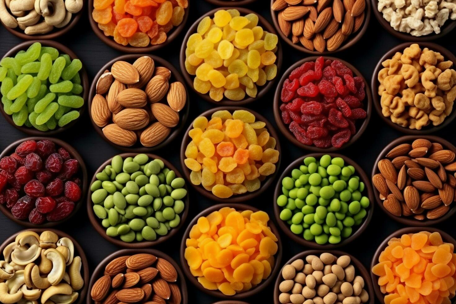 AI generated colorful dried fruits, assorted nuts and seeds background. mixed raw food for snacking, top view. generative ai. photo