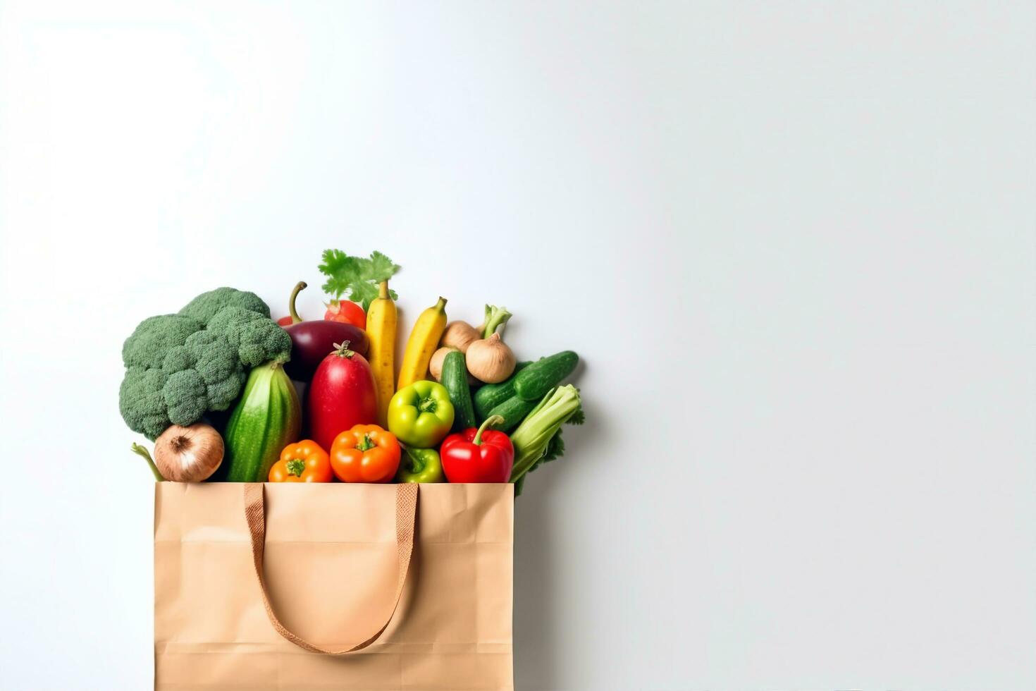AI generated Delivery healthy food background. Vegan vegetarian food in paper bag vegetables and fruits on white, copy space, banner.Grocery shopping food supermarket and clean vegan eating concept. photo
