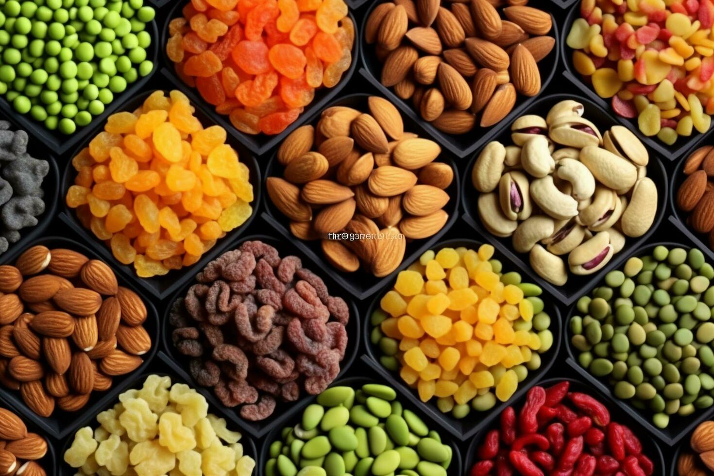 AI generated colorful dried fruits, assorted nuts and seeds background. mixed raw food for snacking, top view. generative ai. photo