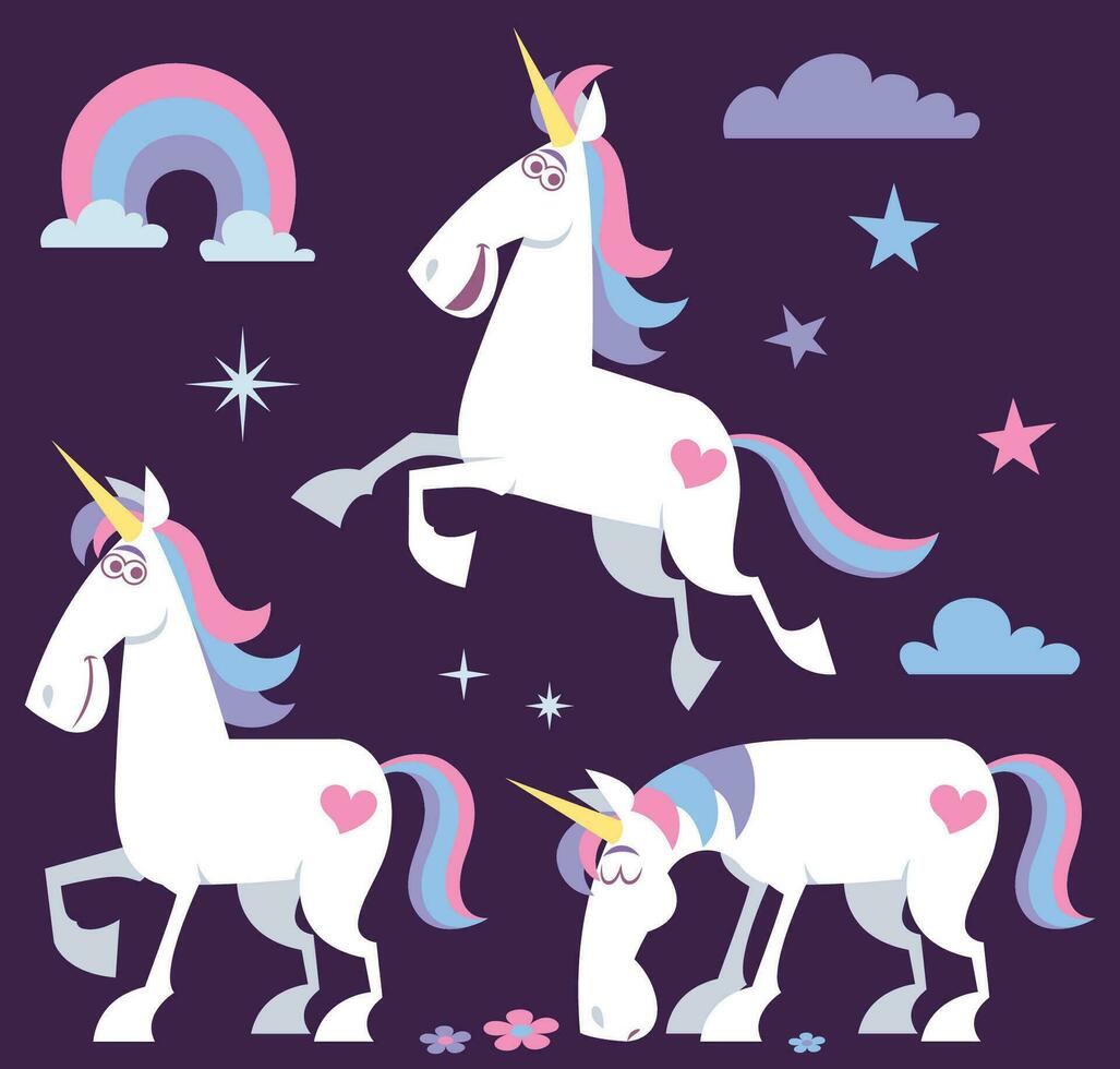 Pink cartoon unicorn in 3 different pose. vector