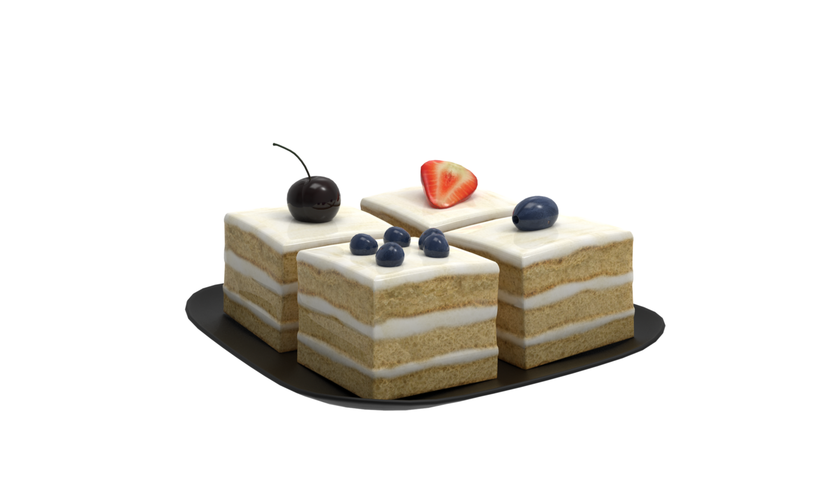 cake with berries and cherries on a black plate png