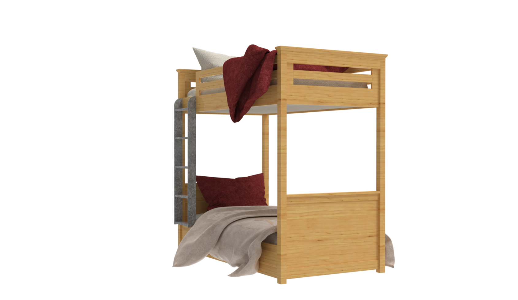 a bunk bed with a red blanket and pillows png