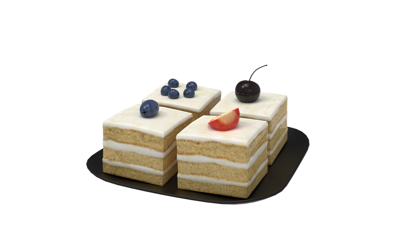cake with berries and cherries on a black plate png