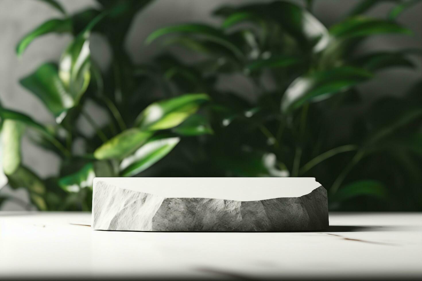 AI generated Stone product display podium with blurred nature leaves background. 3D rendering. generative ai. photo