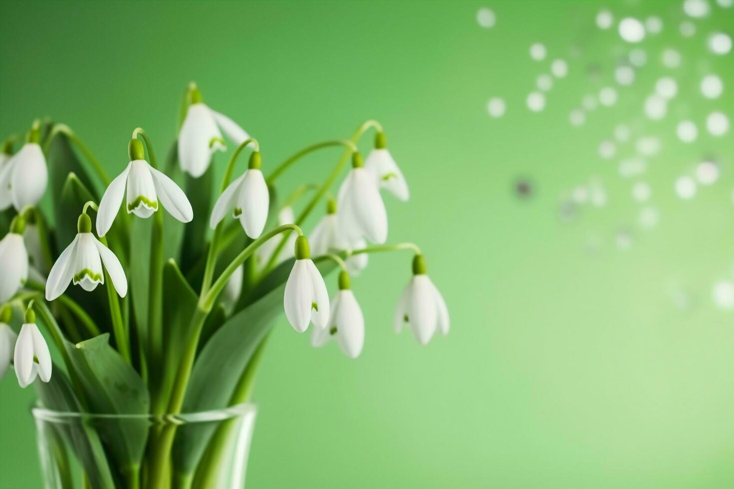 AI generated a bouquet of snowdrops in a transparent tequila glass. splashes of water on petals. first spring flowers. forest. hello spring. women's day concept. green blur background. generative ai. photo