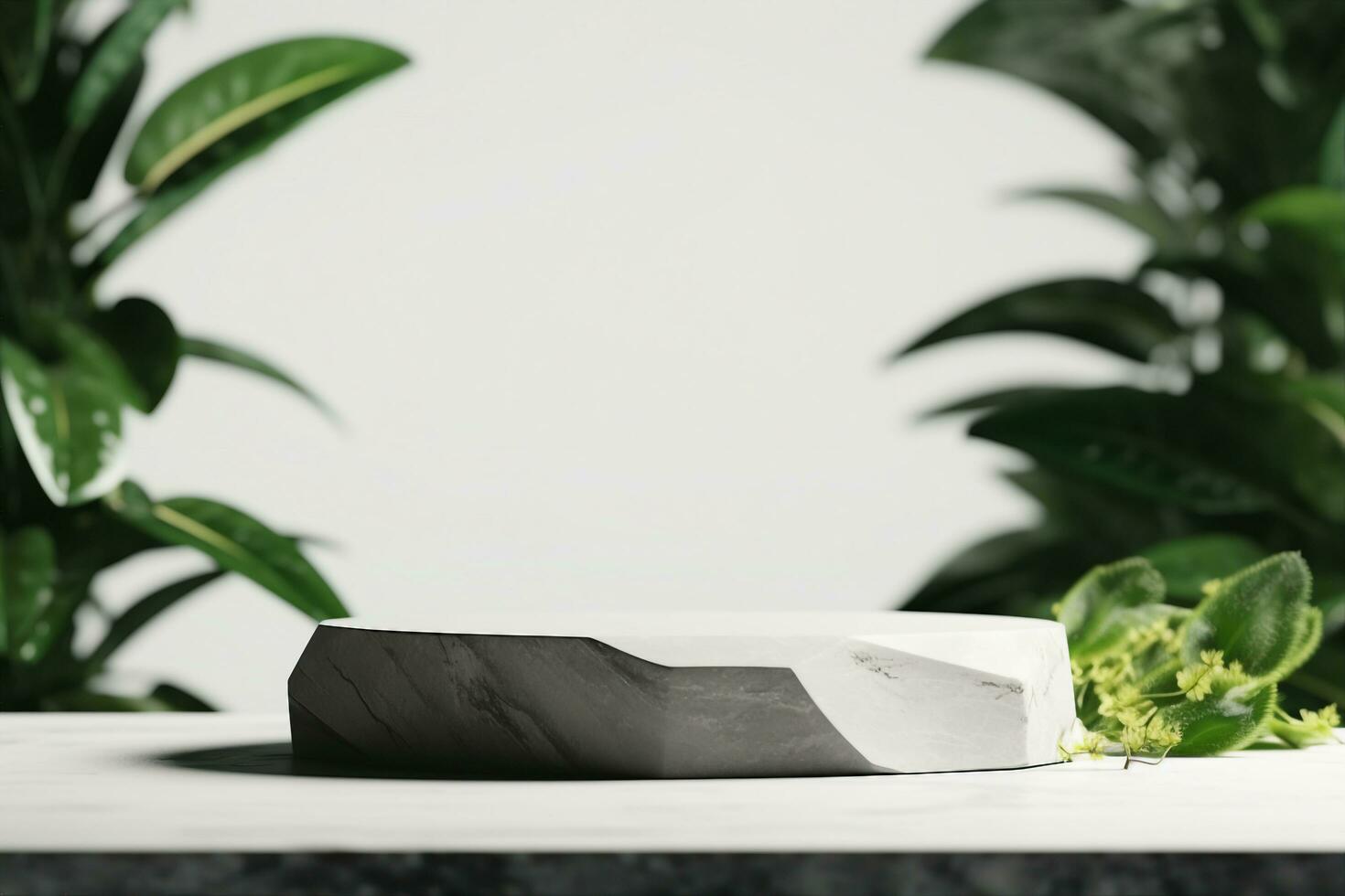 AI generated Stone product display podium with blurred nature leaves background. 3D rendering. generative ai. photo