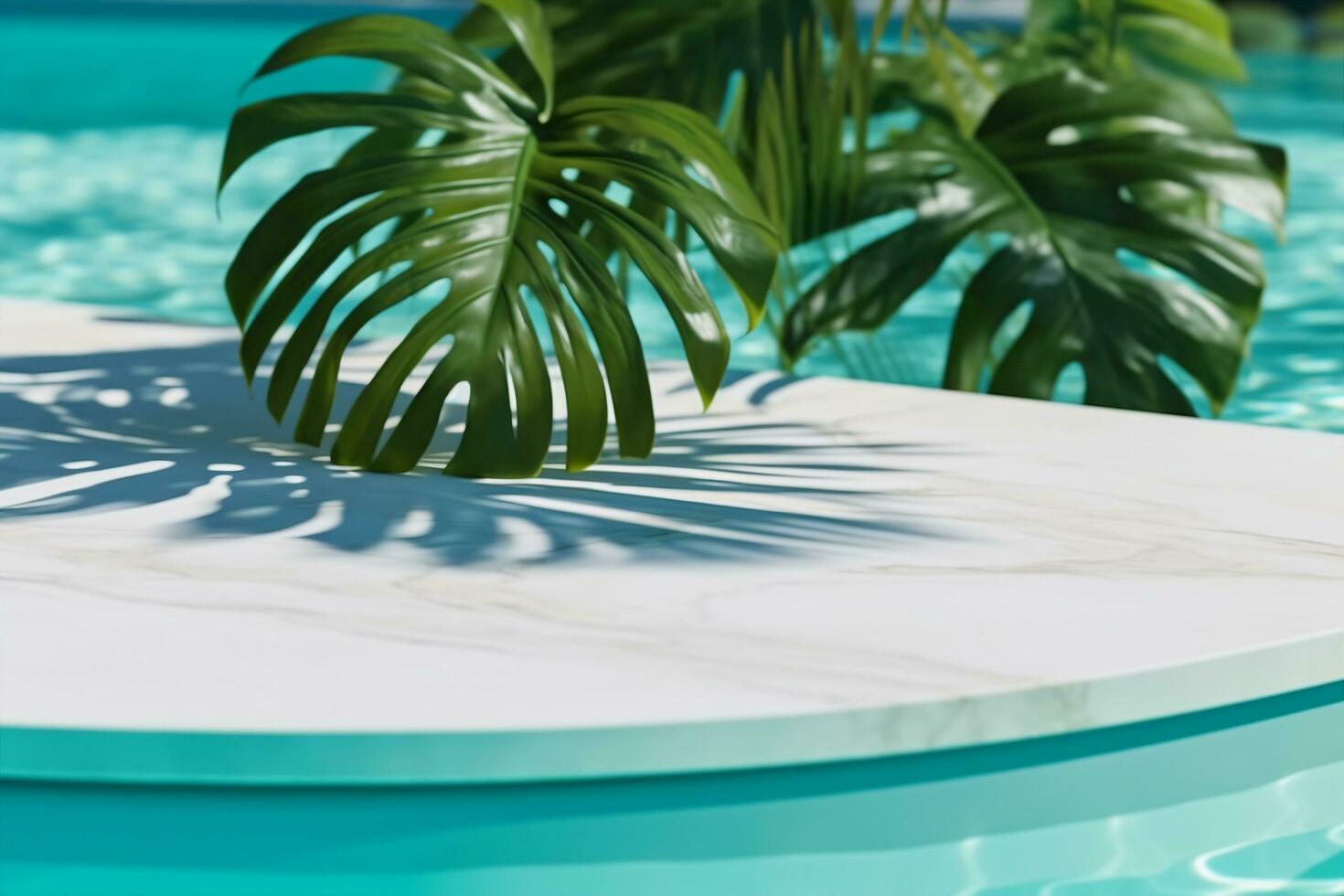 AI generated Summer background with marble podium in pool water and monstera leaf shade. Luxury hotel resort for product placement. generative ai. photo