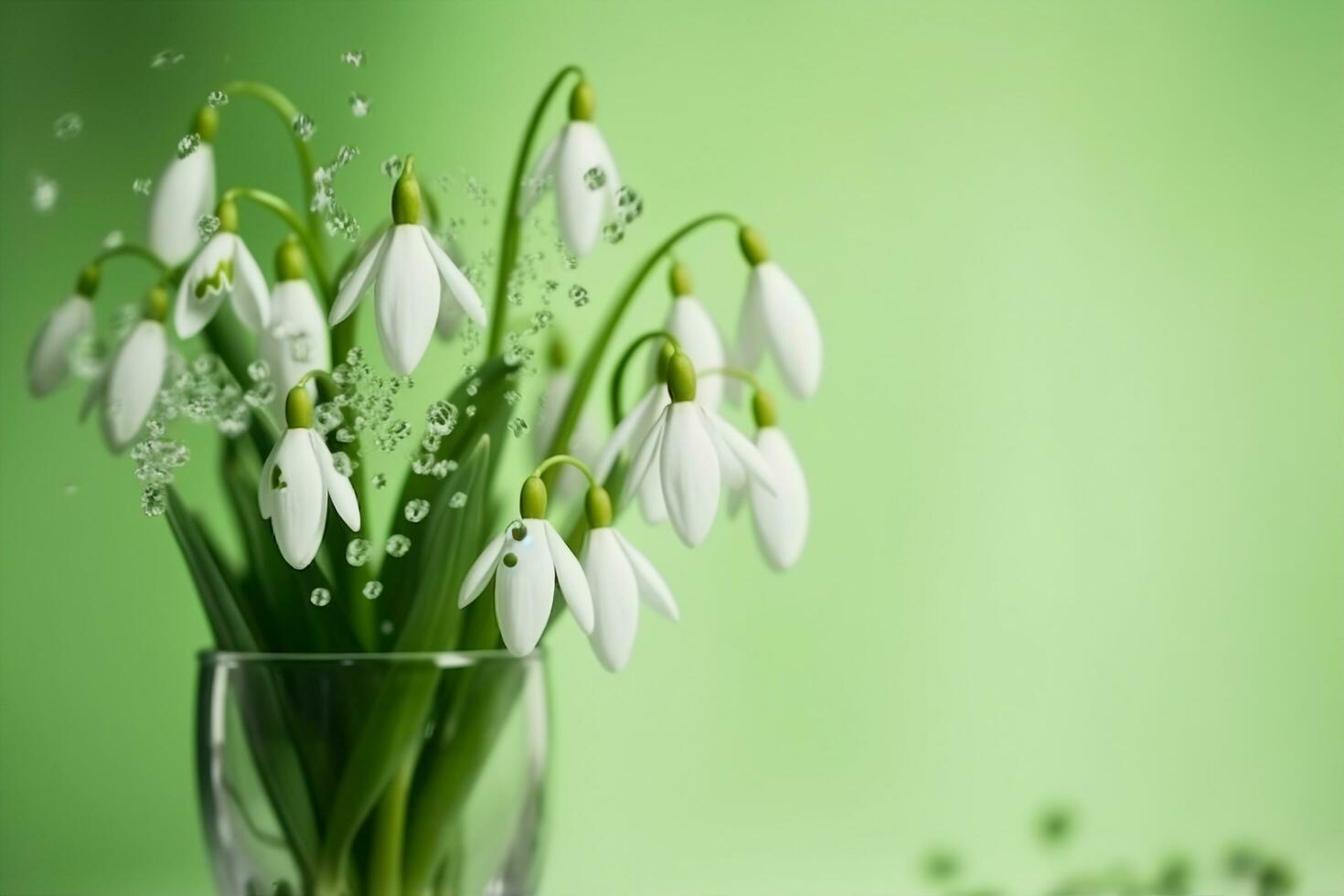 AI generated a bouquet of snowdrops in a transparent tequila glass. splashes of water on petals. first spring flowers. forest. hello spring. women's day concept. green blur background. generative ai. photo